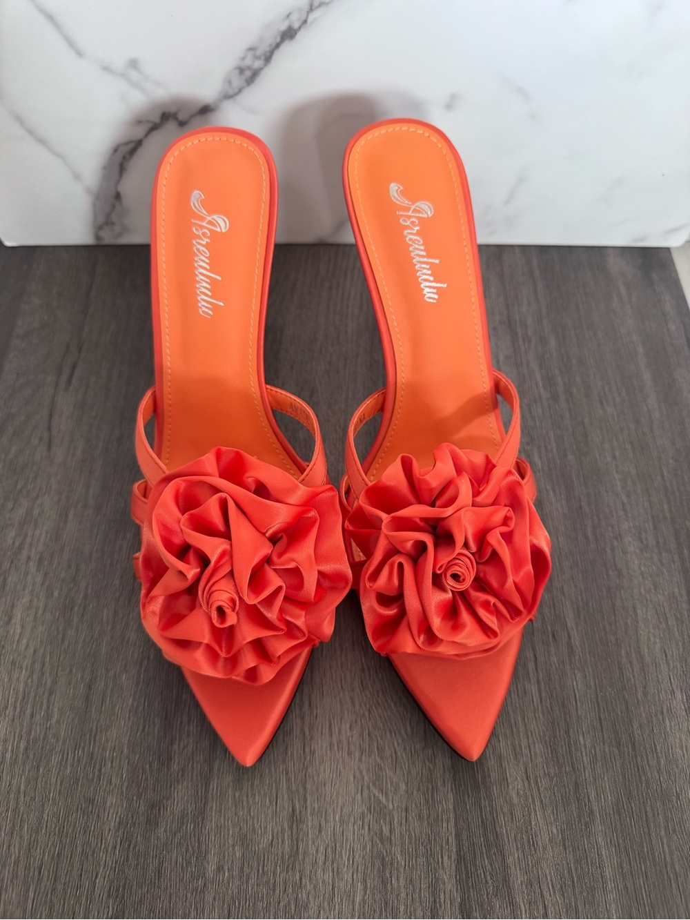 Orange Satin Pointed-Toe heels with Rose detail